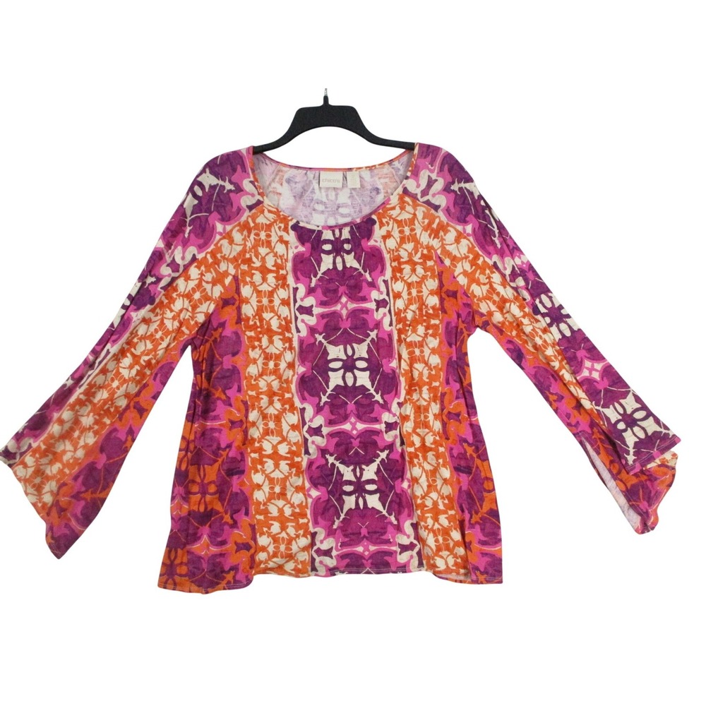Chico's Women Purple Orange Geometric Medallion Bell Sleeve Rayon Top Size 2 L